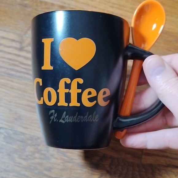 Coffee Mug / Cup with Spoon says I 💕 Coffee Ft. Lauderdale Orange & Black - Picture 3 of 8